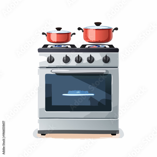 Gas Stove with Pots and Oven – Flat Kitchen Appliance Vector

