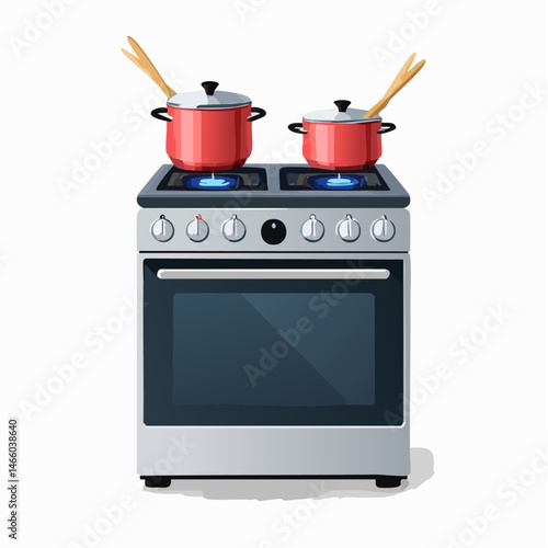 Gas Stove with Pots and Oven – Flat Kitchen Appliance Vector

