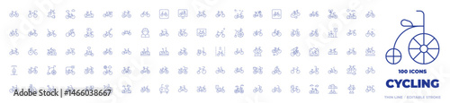 100 Cycling Icons Collection. Thin line icon. Editable stroke. bike, bicycle, bike lane, award, bycicle, tricycle, tandem, mountain bike, eco friendly, biking