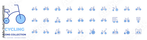 Cycling icons collection. Line Duotone style, editable stroke. bike, bicycle, tandem, cyclerickshaw, cycle, cycling, bycicle