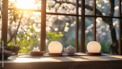 Tranquil Tea Ceremony Setting Sunlight