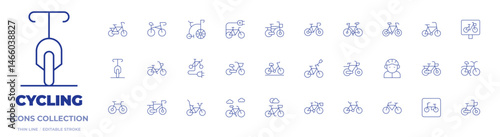 Cycling icons collection. Thin Line icons, editable stroke. bike, bicycle, bike lane, mountain bike, cycle, cycling, cyclist