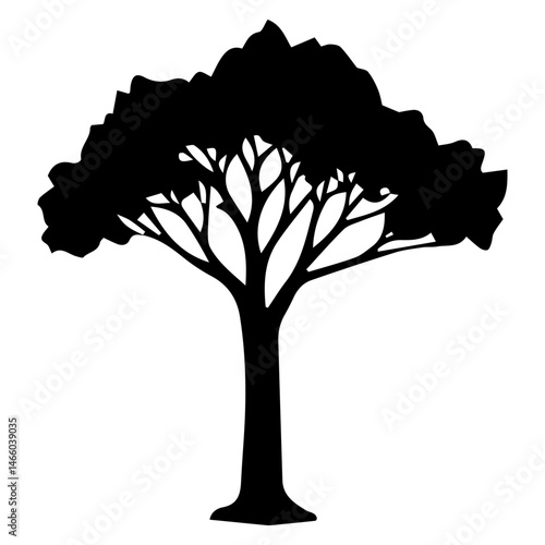Diverse Tree Silhouette Collection, Coniferous, Deciduous, and Bare Branch in Vector Format, 
Black and White Vector Illustration, Variations of Tree Shapes from Broadleaf to Needle-leaf