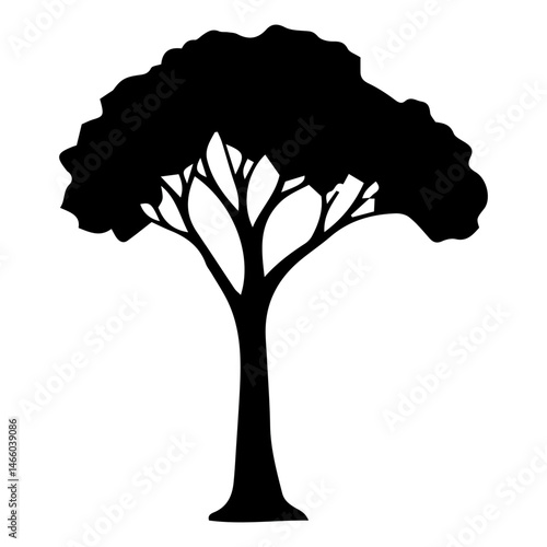 Diverse Tree Silhouette Collection, Coniferous, Deciduous, and Bare Branch in Vector Format, 
Black and White Vector Illustration, Variations of Tree Shapes from Broadleaf to Needle-leaf