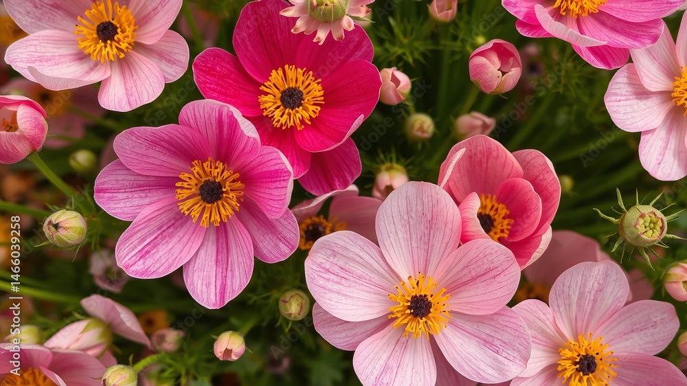A vibrant close-up showcases a profusion of delicate pink and red anemone flowers in full bloom, creating a beautiful floral arrangement. A vibrant close-up showcases a profusion of delicate pink and red anemone flowers in full bloom, creating a beautiful floral arrangement.