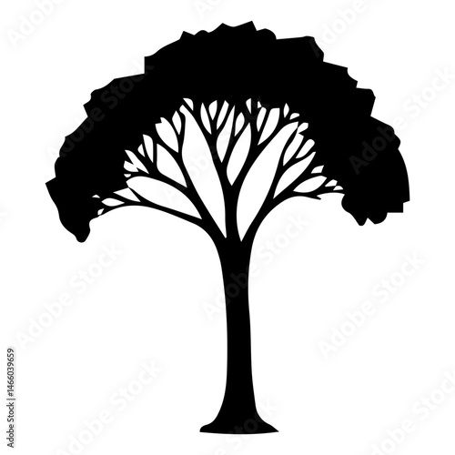 Diverse Tree Silhouette Collection, Coniferous, Deciduous, and Bare Branch in Vector Format, 
Black and White Vector Illustration, Variations of Tree Shapes from Broadleaf to Needle-leaf