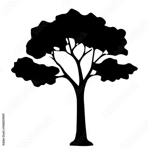 Diverse Tree Silhouette Collection, Coniferous, Deciduous, and Bare Branch in Vector Format, 
Black and White Vector Illustration, Variations of Tree Shapes from Broadleaf to Needle-leaf