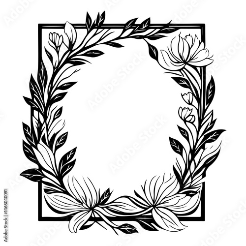 Floral ornamented square framework with leaves and blossoms line art illustration