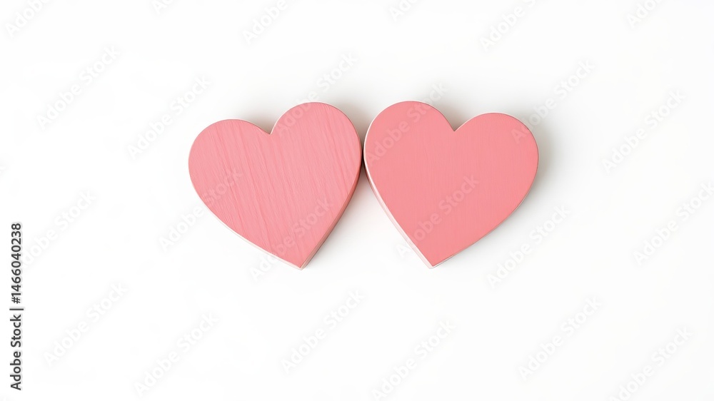 Two light pink wooden hearts lie side by side on a bright white background perfect for Valentine's Day designs. Two light pink wooden hearts lie side by side on a bright white background perfect for Valentine's Day designs.
