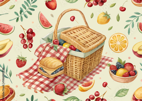 Seamless pattern of picnic basket fruits sandwich checkered cloth