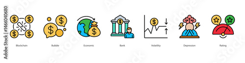 Economic Crisis icon sheet web banner vector illustration blockchain, bubble, economic, bank, volatility, depression, rating