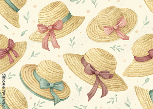 Seamless pattern of woven straw hats with ribbons soft brown ivory and pastel ribbons vintage summer theme