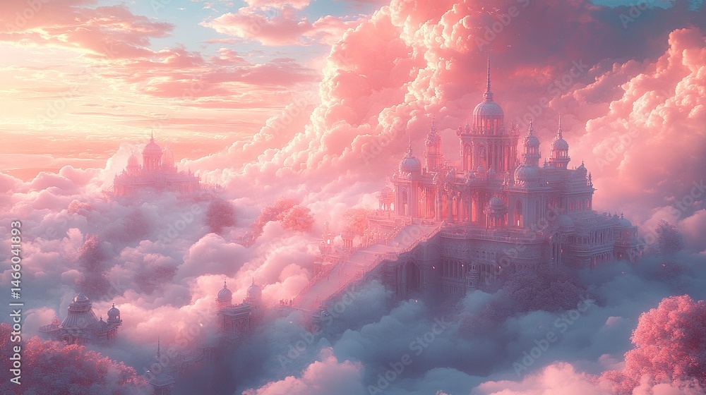 Fototapeta premium Elegant palace in the clouds with pastel tones and floating architecture elements