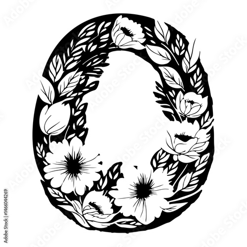 Botanical Letter O Silhouette: Floral Ornamentation in Black and White Design