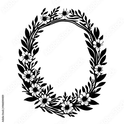 Elegant floral wreath illustration with intricate botanical details in black and white