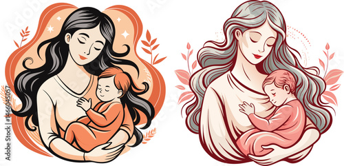 Mothers embracing their children love and care tenderness, Mother holding her child beautifully vector illustration, Happy mother's day design concept vector element 
