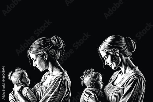 Mother and Child Black and White Illustration Maternal Love, Mother holding her child beautifully hand drawn vector illustration, Happy mother's day card design vector element 