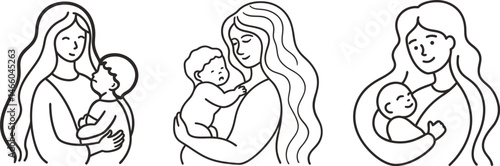 Mothers embracing her children tender love bond, Mothers and babies line art illustrations motherhood love family, Happy mother's day card design vector element 