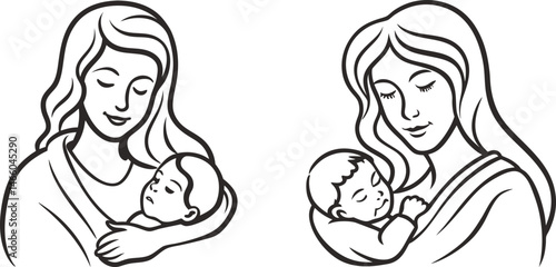 Mothers embracing her children tender love bond, Mothers and babies line art illustrations motherhood love family, Happy mother's day card design vector element 