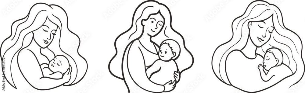 Mothers embracing her children tender love bond, Mothers and babies line art illustrations motherhood love family, Happy mother's day card design vector element Mothers embracing her children tender love bond, Mothers and babies line art illustrations motherhood love family, Happy mother's day card design vector element