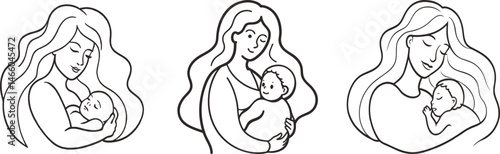 Mothers embracing her children tender love bond, Mothers and babies line art illustrations motherhood love family, Happy mother's day card design vector element 