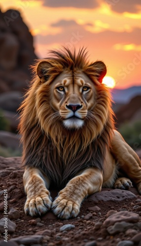 lion lion majestic full mane resting rocky terrain sunset this image features a majestic lion with a full mane resting on rocky terrain at sunset, the lion is the focal point of the image