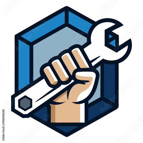 Hand holding wrench icon in minimalist style, mechanical repair and maintenance illustration