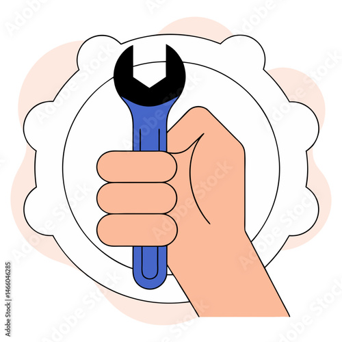 Hand holding wrench icon in minimalist style, mechanical repair and maintenance illustration