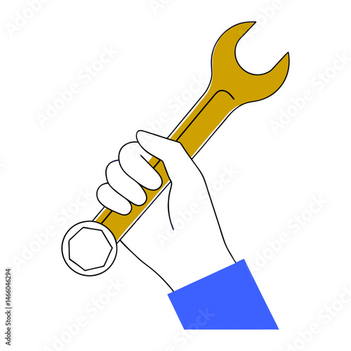 Hand holding wrench icon in minimalist style, mechanical repair and maintenance illustration