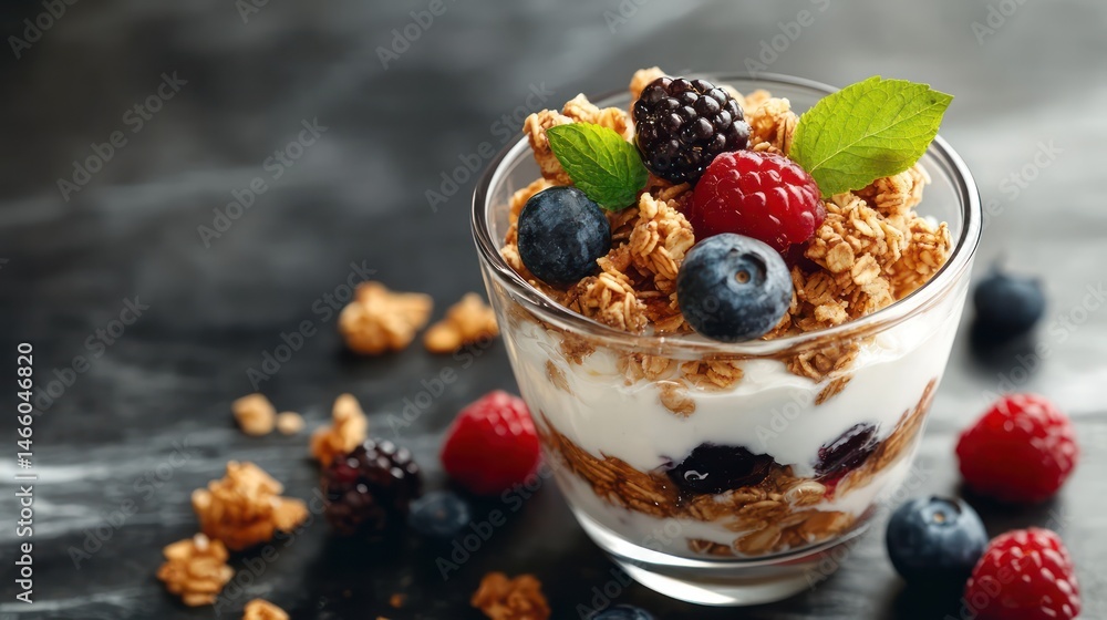 Layered yogurt parfait with berries and granola Layered yogurt parfait with berries and granola