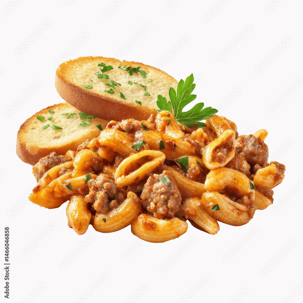 Fototapeta premium Delicious Pasta with Ground Meat and Garlic Bread