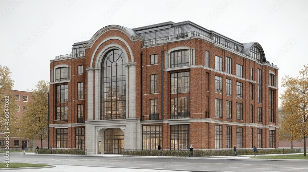 Fototapeta premium Classic Brick Building Facade Architecture Urban Scene with Larg