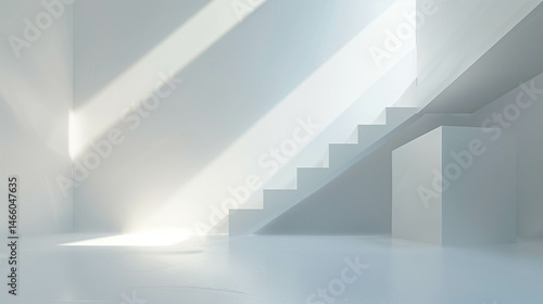 Minimalist white room interior with strong sunbeams casting long diagonal shadows