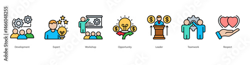 Leadership Development web banner icon sheet vector development, expert, workshop, opportunity, leader, teamwork, respect