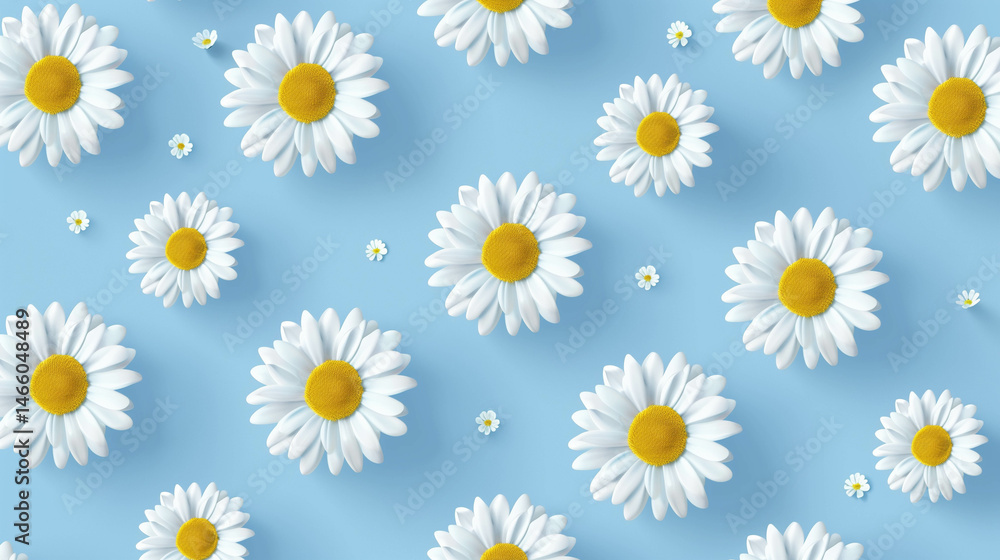Seamless pattern of white daisy flowers scattered on pastel blue background in flat lay style Seamless pattern of white daisy flowers scattered on pastel blue background in flat lay style