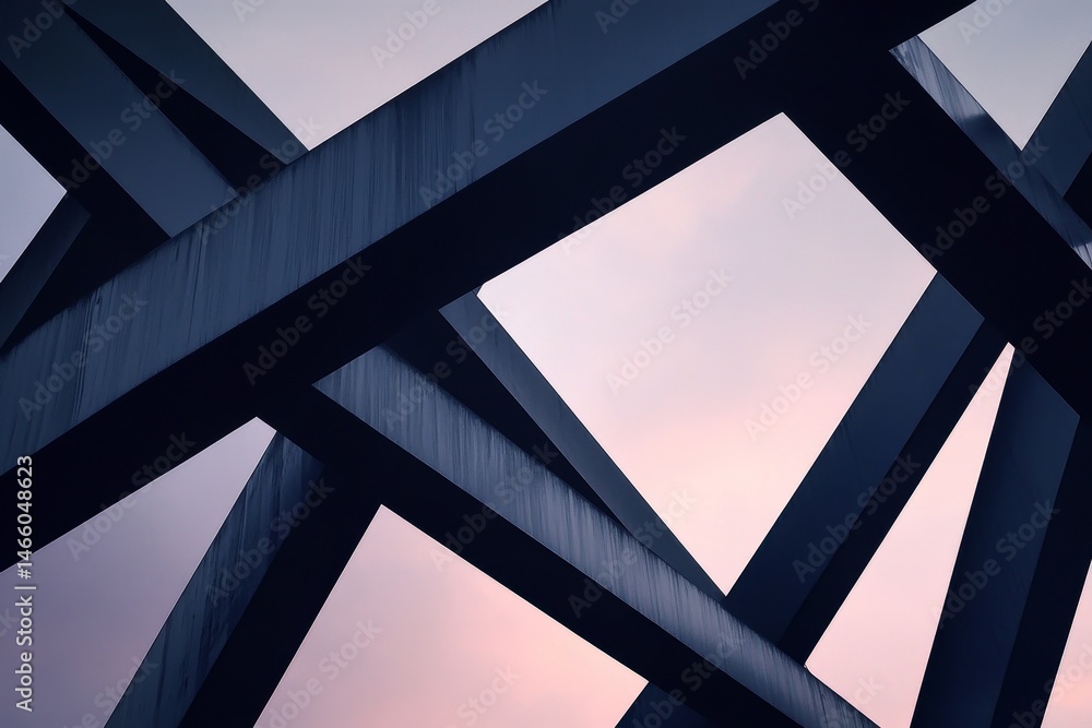 Abstract design of intersecting metal beams against a pastel sky.