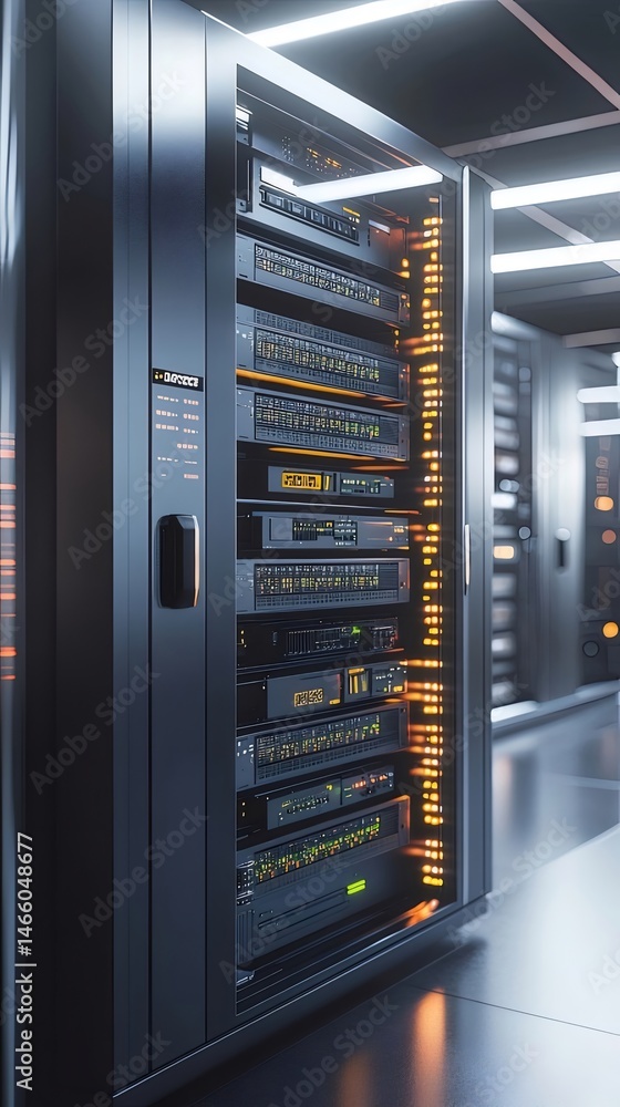 オレンジ色の照明と金属製パネルを備えた近代的なデータセンターのサーバーラックの詳細なビュー データストレージと高速ネットワークを可能にする複雑な接続性を示す オレンジ色の照明と金属製パネルを備えた近代的なデータセンターのサーバーラックの詳細なビュー データストレージと高速ネットワークを可能にする複雑な接続性を示す