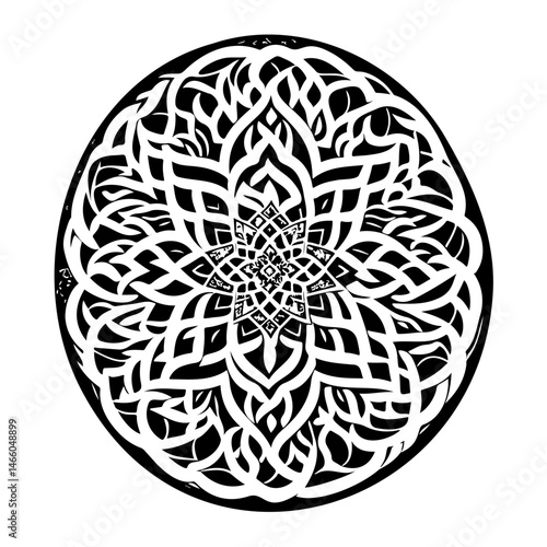 Abstract floral pattern in black and white forming a circular motif