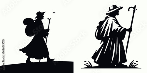 The Pilgrim. Symbol Vector Clip art. Traveler journey faith quest seeking spiritual path personal growth devotion.