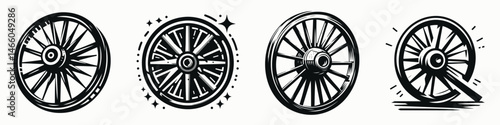 The Wagon Wheel. Symbol Vector Clip art. Rustic timber circle vehicle component frontier trek pioneering journey attribute.