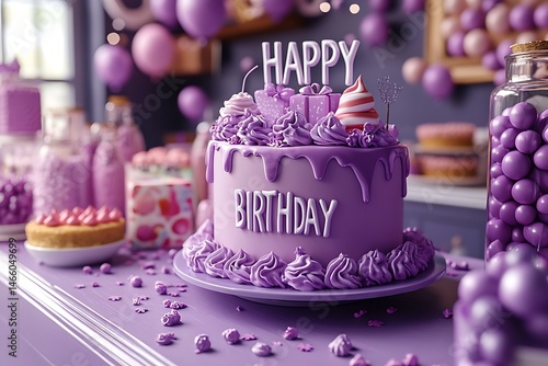 Delicious purple birthday cake with happy birthday sign and festive party decorations