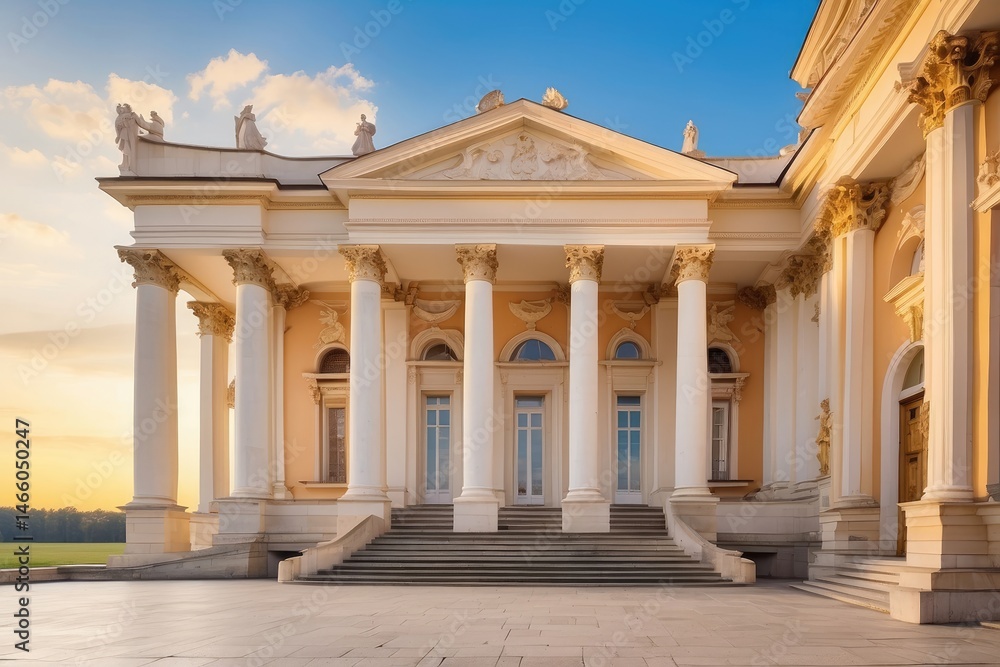 Obraz premium A grand yellow mansion featuring a spacious porch and stone foundation.