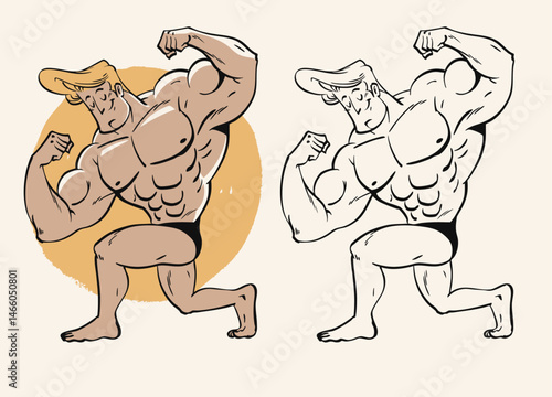Cartoon bodybuilder character in vintage hand drawn style