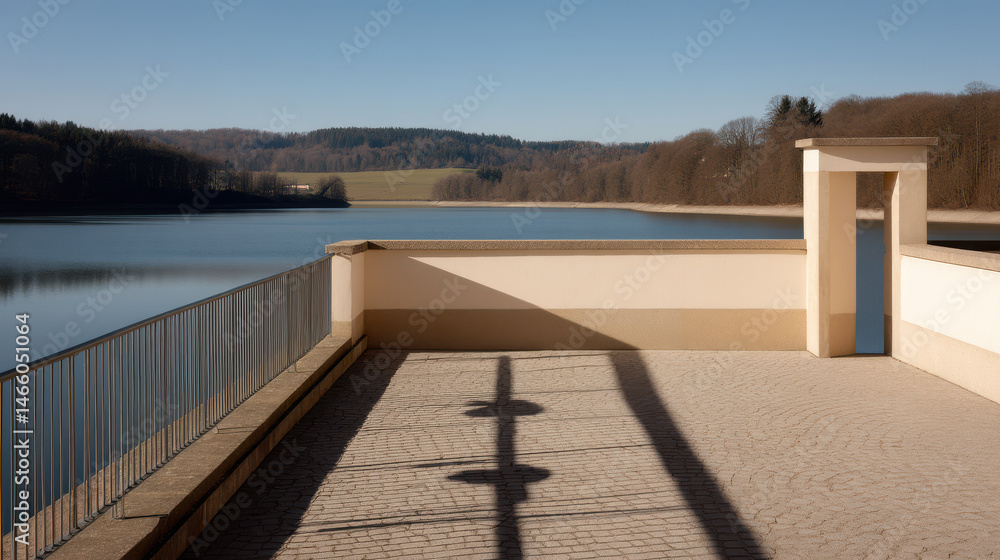 Naklejka premium serene reservoir edge in germany showcasing long shadows and natural symmetry
