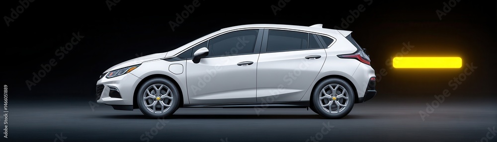Modern white hatchback car on a dark background with a yellow bar symbolizing energy or motion. Modern white hatchback car on a dark background with a yellow bar symbolizing energy or motion.
