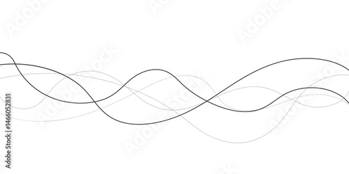 A minimalist abstract image featuring multiple, interwoven, wavy lines in varying thicknesses and dashed patterns.	