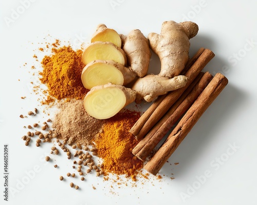 Cinnamon sticks and star anise are beautifully arranged Fresh ginger and various spices including cinnamon and turmeric on a white background, perfect for cooking and baking.