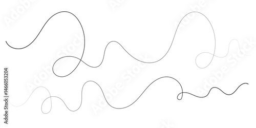 A minimalist abstract image featuring multiple, interwoven, wavy lines in varying thicknesses and dashed patterns.	