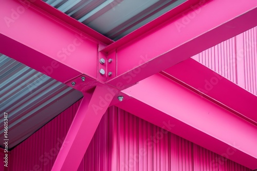 Close-up view of vibrant pink metal beams intersecting.