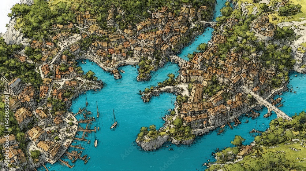 Fototapeta premium Aerial View of a Picturesque Coastal Town Hand-Drawn Illustration